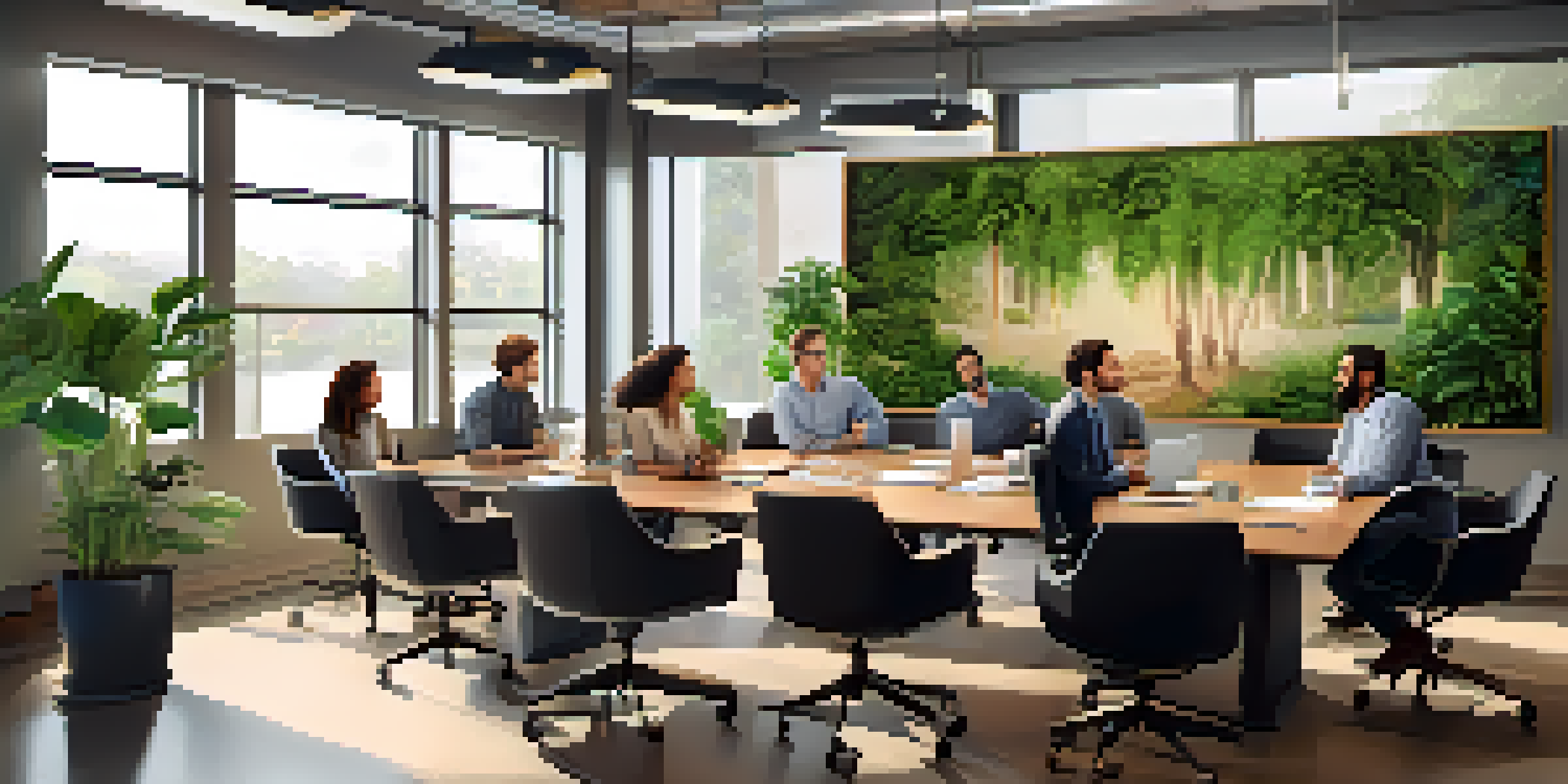 A diverse group of employees having a meeting in a bright office with plants and motivational quotes on the walls.