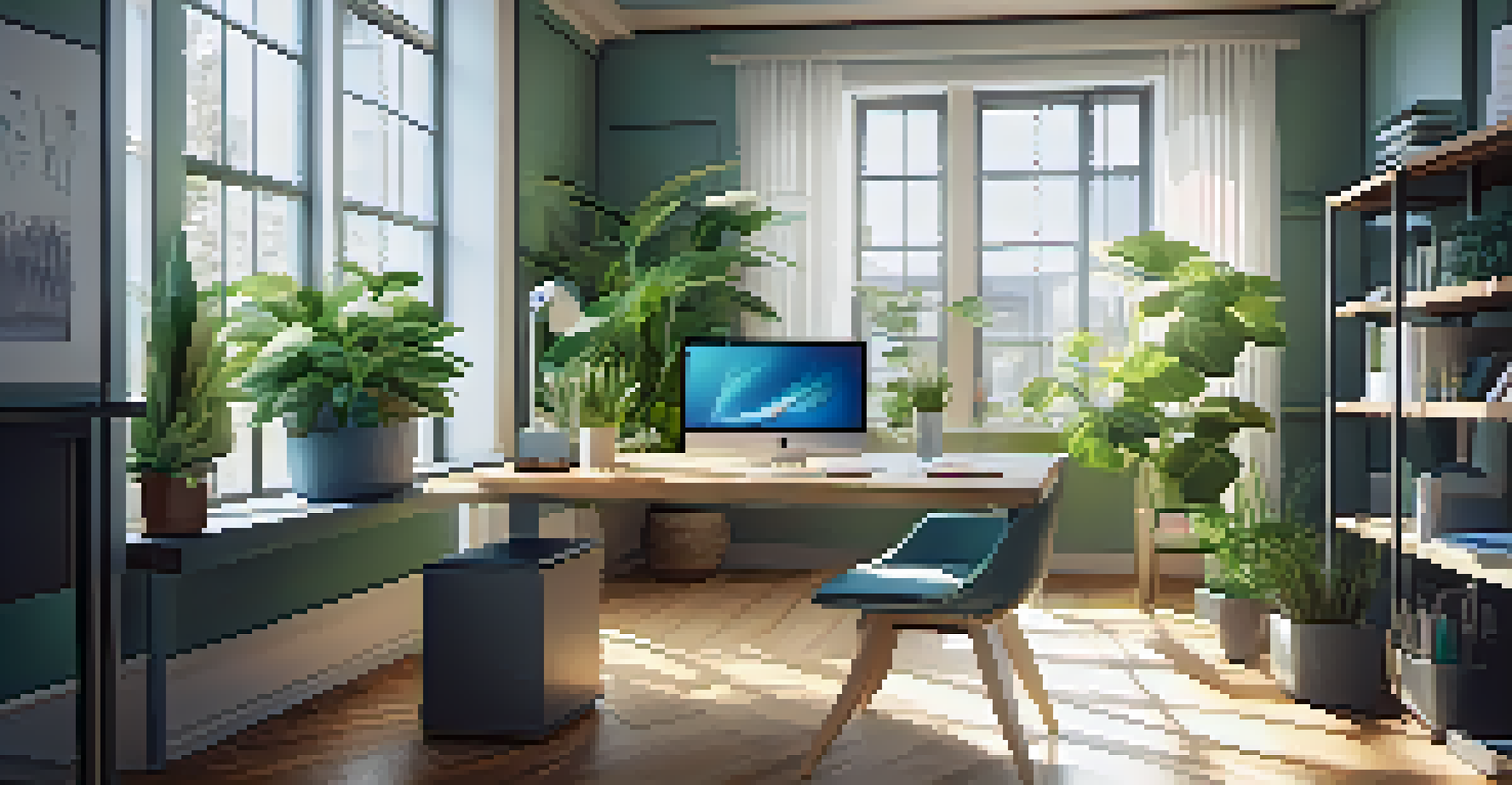 A bright and modern office workspace with a desk, laptop, and plants, illuminated by sunlight from large windows.