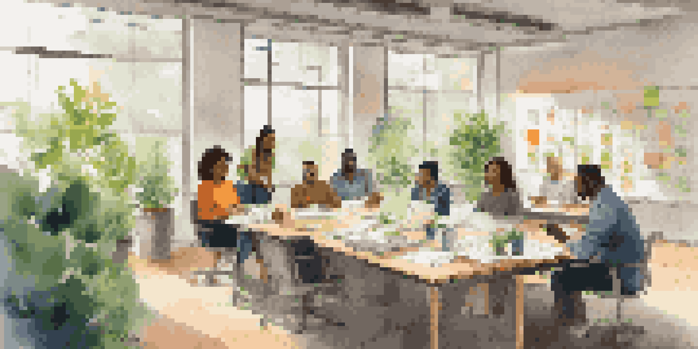 A diverse group of employees engaged in a brainstorming session in a bright office, surrounded by charts and post-it notes.