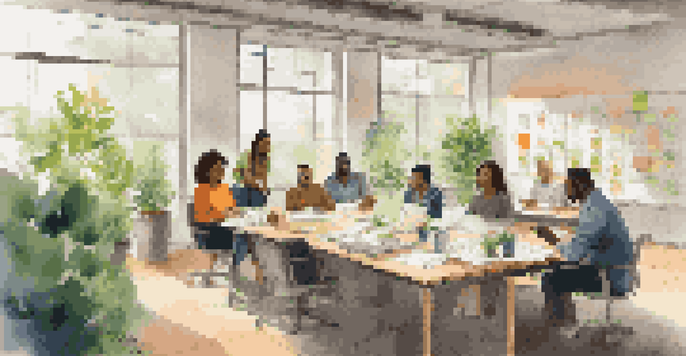 A diverse group of employees engaged in a brainstorming session in a bright office, surrounded by charts and post-it notes.