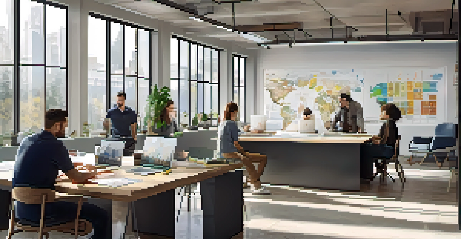 A contemporary office space with a team of people collaborating around a table with charts and laptops.
