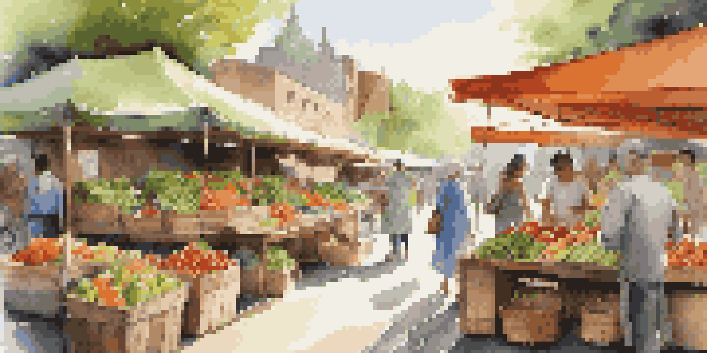 An outdoor market with eco-friendly products, made of reclaimed wood, filled with colorful fruits and vegetables under sunlight filtering through green leaves.