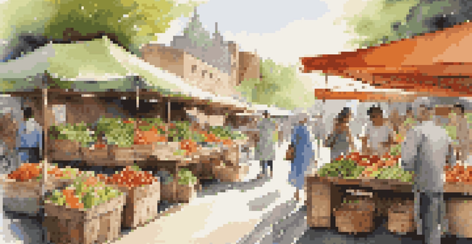 An outdoor market with eco-friendly products, made of reclaimed wood, filled with colorful fruits and vegetables under sunlight filtering through green leaves.