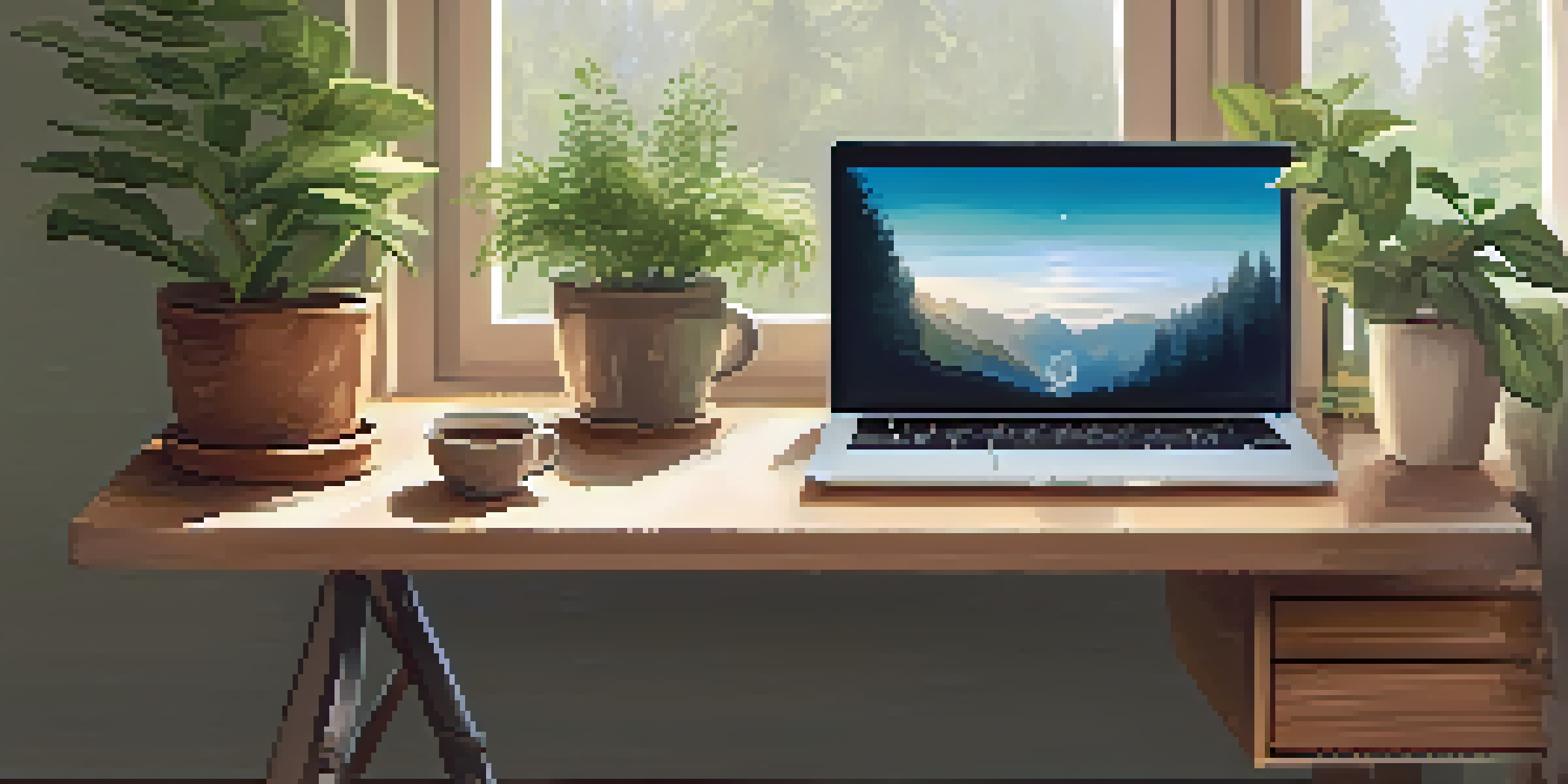 A calm and inviting workspace with a wooden desk, laptop, notebook, coffee, plants, and natural light.