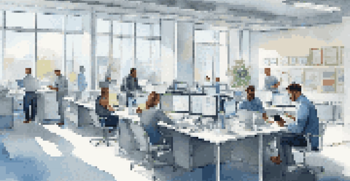 A bright office with diverse employees collaborating over mobile devices, surrounded by natural light.