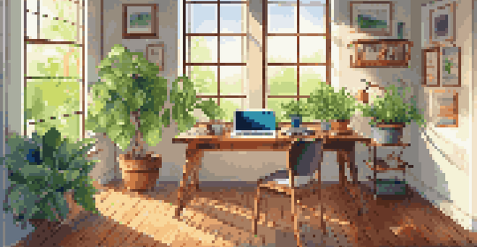 A bright and lively office space with a modern desk, laptop, and coffee cup, illuminated by sunlight.