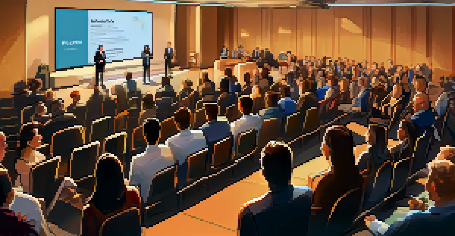 Startup founders presenting their ideas at a pitch event with a panel of investors in an auditorium.