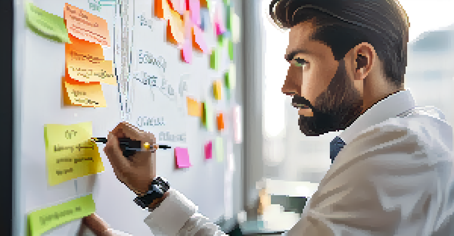 A focused business person writing on a whiteboard filled with notes and diagrams, showcasing a clear goal-setting process in a modern office.