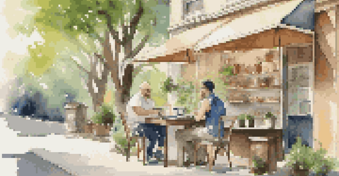 Two professionals discussing over coffee at an outdoor cafe, with laptops and greenery surrounding them.