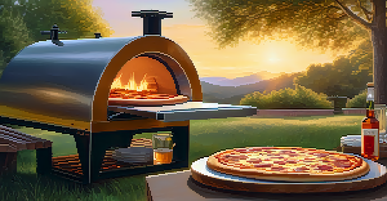 A portable pizza oven outdoors with a freshly baked pizza, surrounded by a picnic setup.