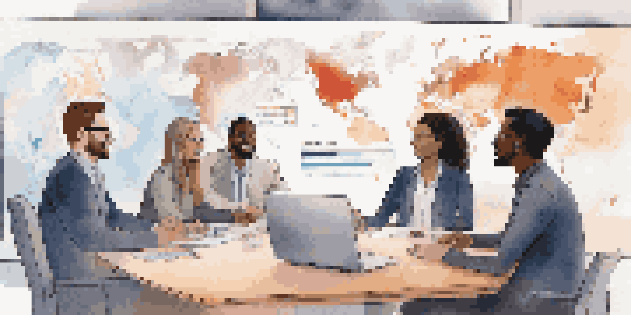 A diverse group of remote team members participating in a virtual meeting, displayed on a large screen with a world map in the background.