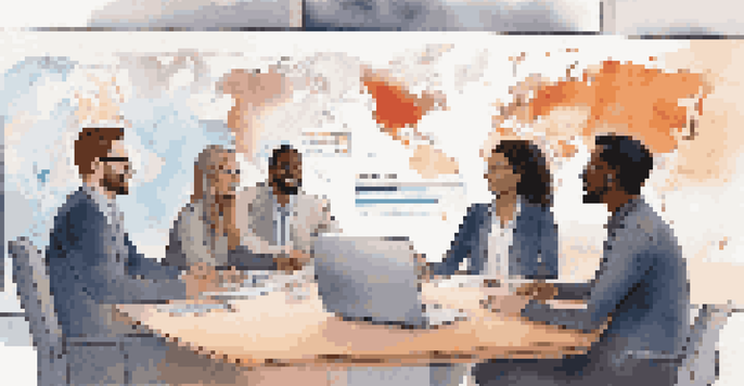 A diverse group of remote team members participating in a virtual meeting, displayed on a large screen with a world map in the background.