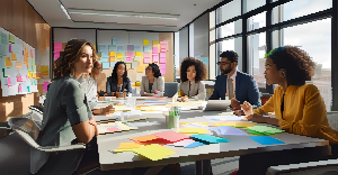 A diverse team of professionals collaborating in an office, surrounded by colorful sticky notes and ideas on a whiteboard.