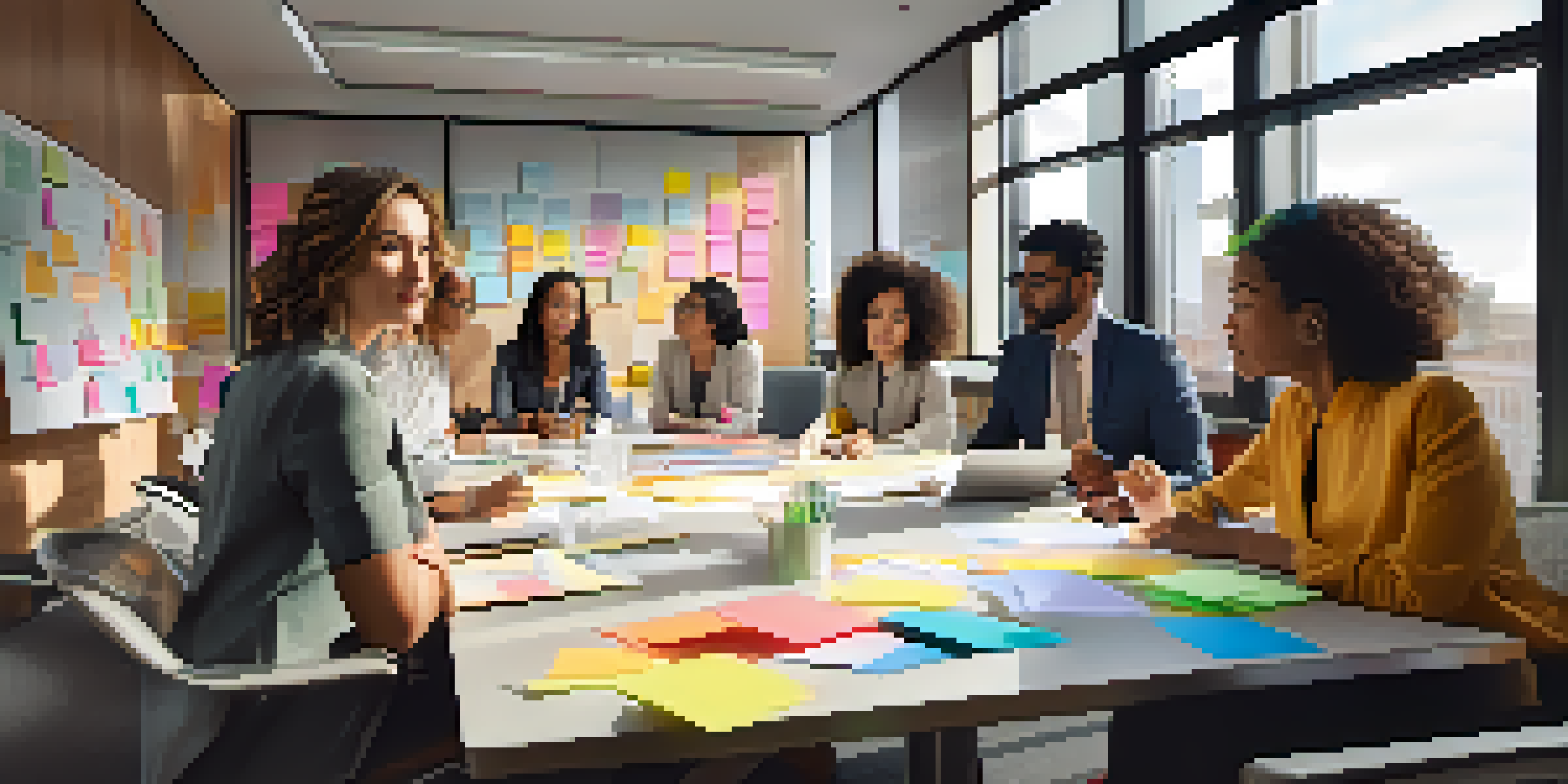 A diverse team of professionals collaborating in an office, surrounded by colorful sticky notes and ideas on a whiteboard.