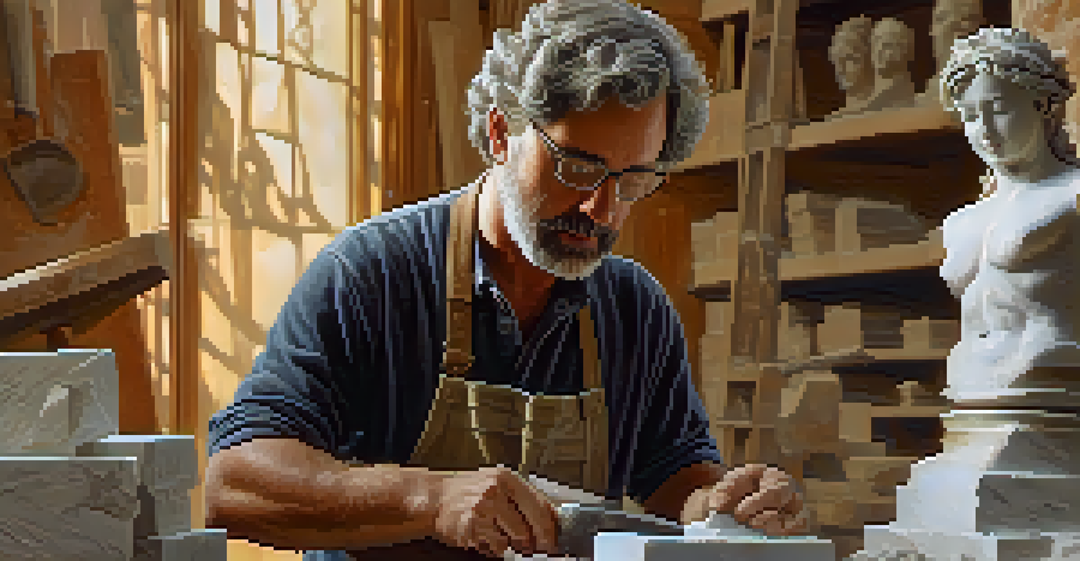 A sculptor working on a block of marble, revealing a statue, surrounded by tools in a bright workshop.