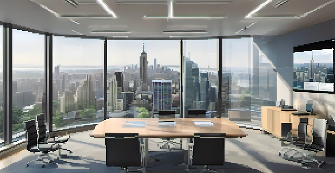 A bright and spacious modern office with a conference table, ergonomic chairs, city skyline visible through glass windows, and a digital screen showing data privacy statistics.
