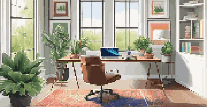 A bright and inviting home office with a laptop, ergonomic chair, and plants, illuminated by natural light from a large window.