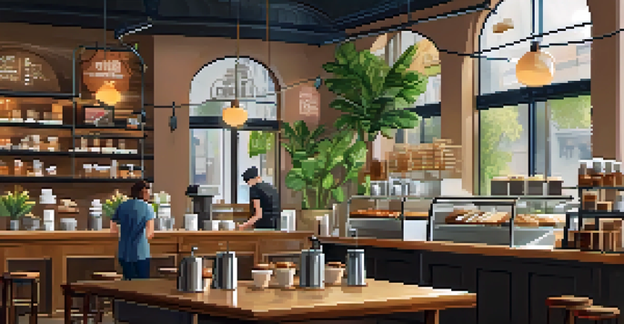 A cozy coffee shop interior with wooden furniture, plants, and a barista preparing drinks behind the counter.