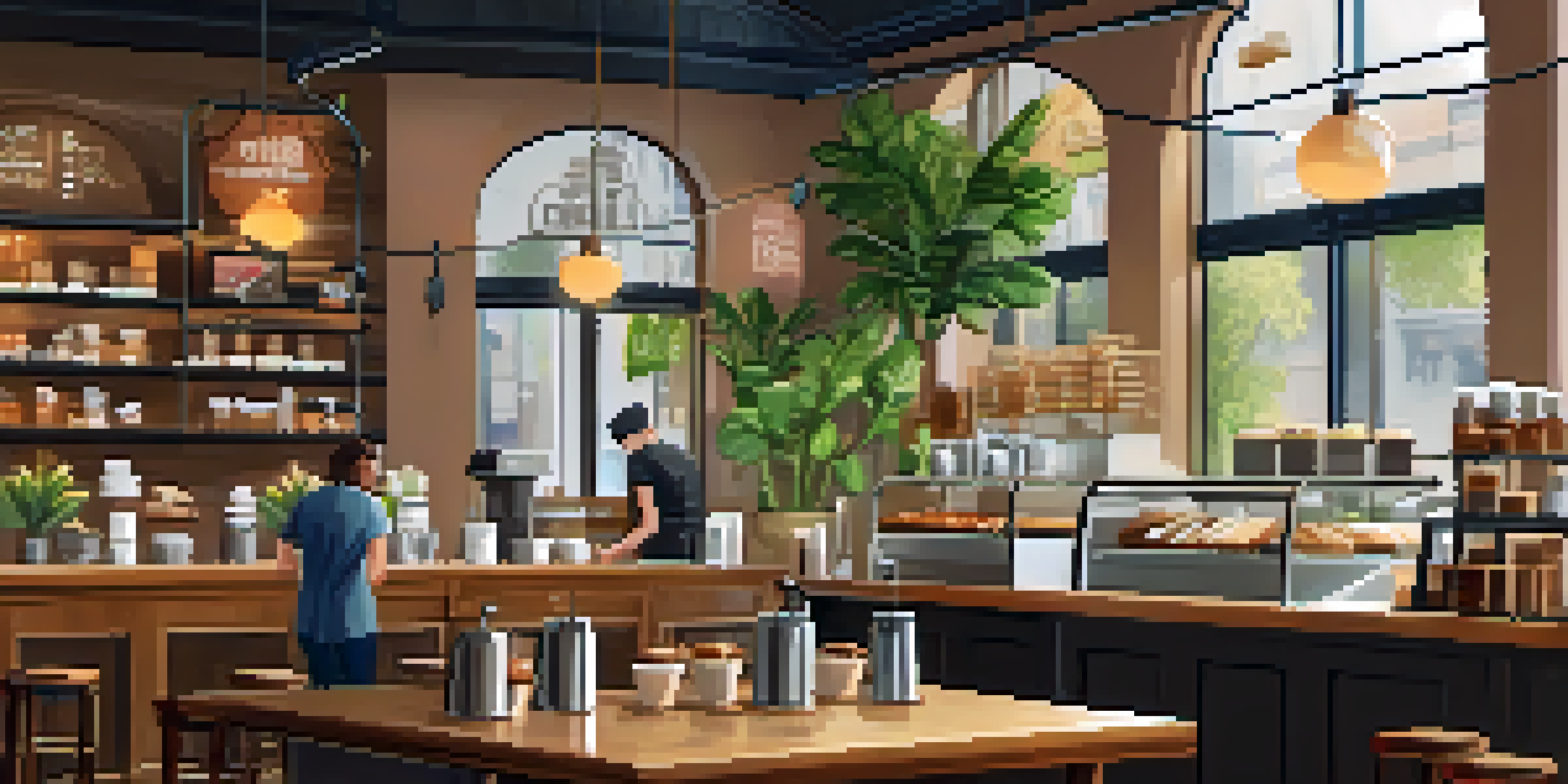 A cozy coffee shop interior with wooden furniture, plants, and a barista preparing drinks behind the counter.