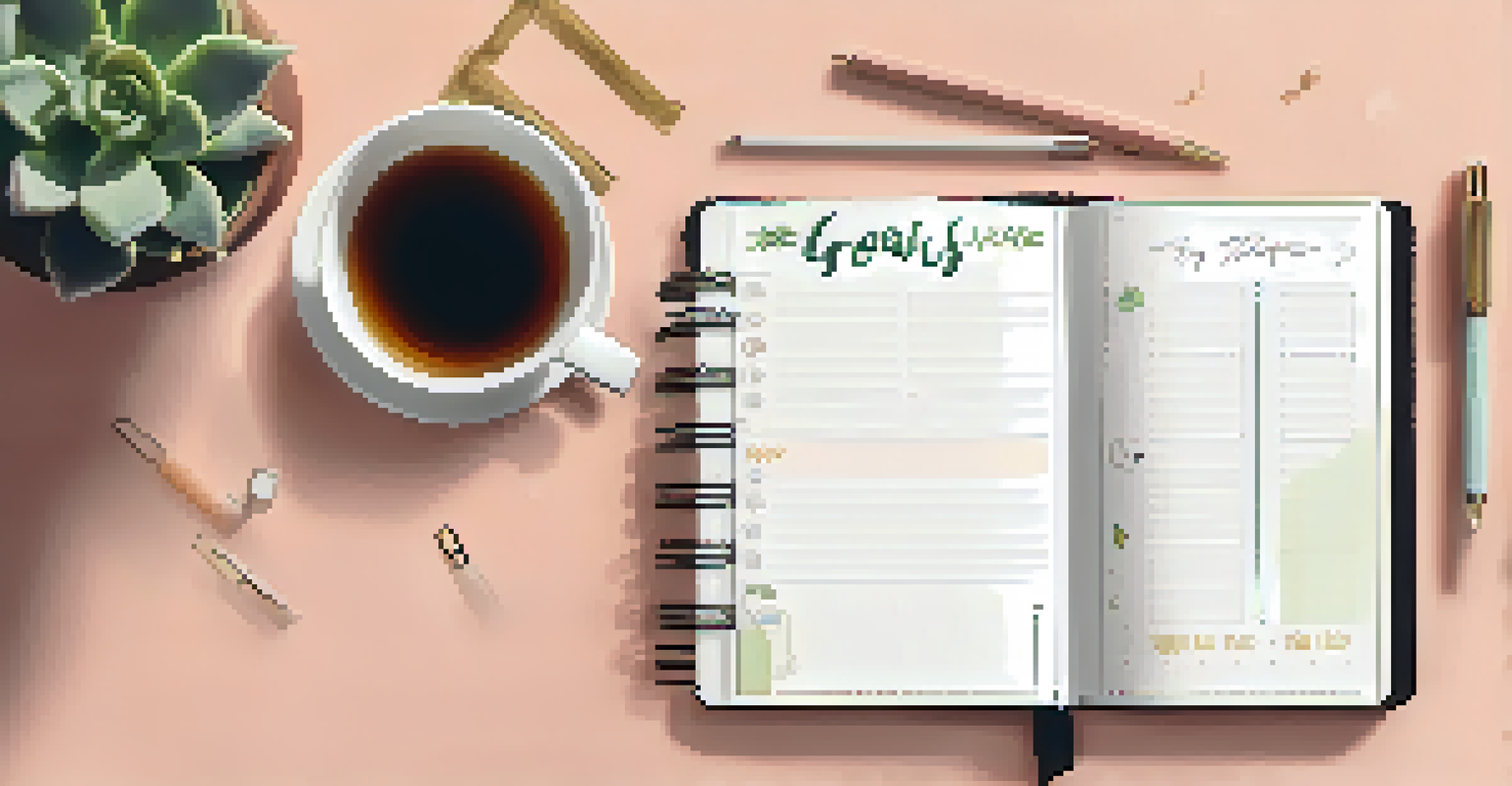 A close-up of a hand writing goals in a planner, surrounded by a cozy desk setting with a tea cup and plant.