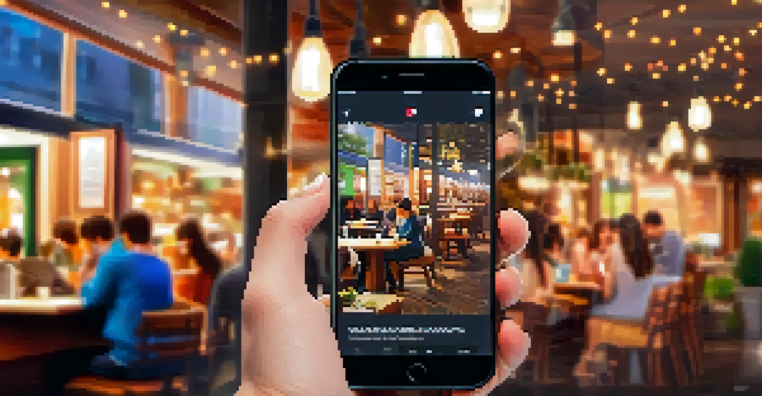 A smartphone displaying a social media feed with positive customer testimonials in a cozy café environment.