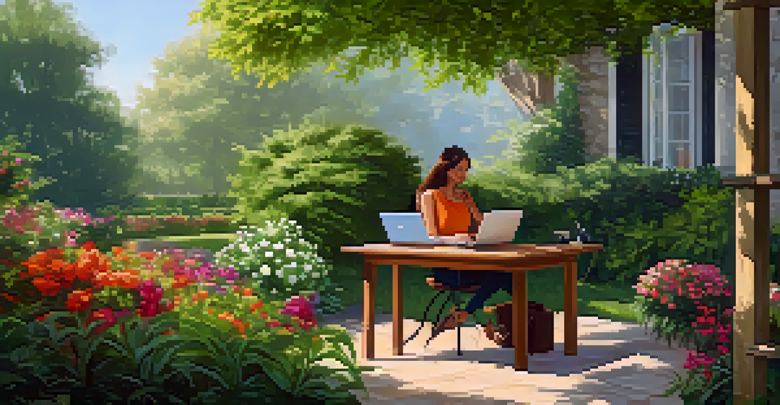 A person working on a laptop in a serene garden setting surrounded by greenery and flowers.