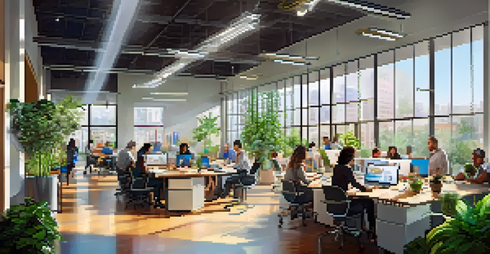 A bright and modern business incubator with diverse entrepreneurs collaborating in an open office space, surrounded by plants and artwork.