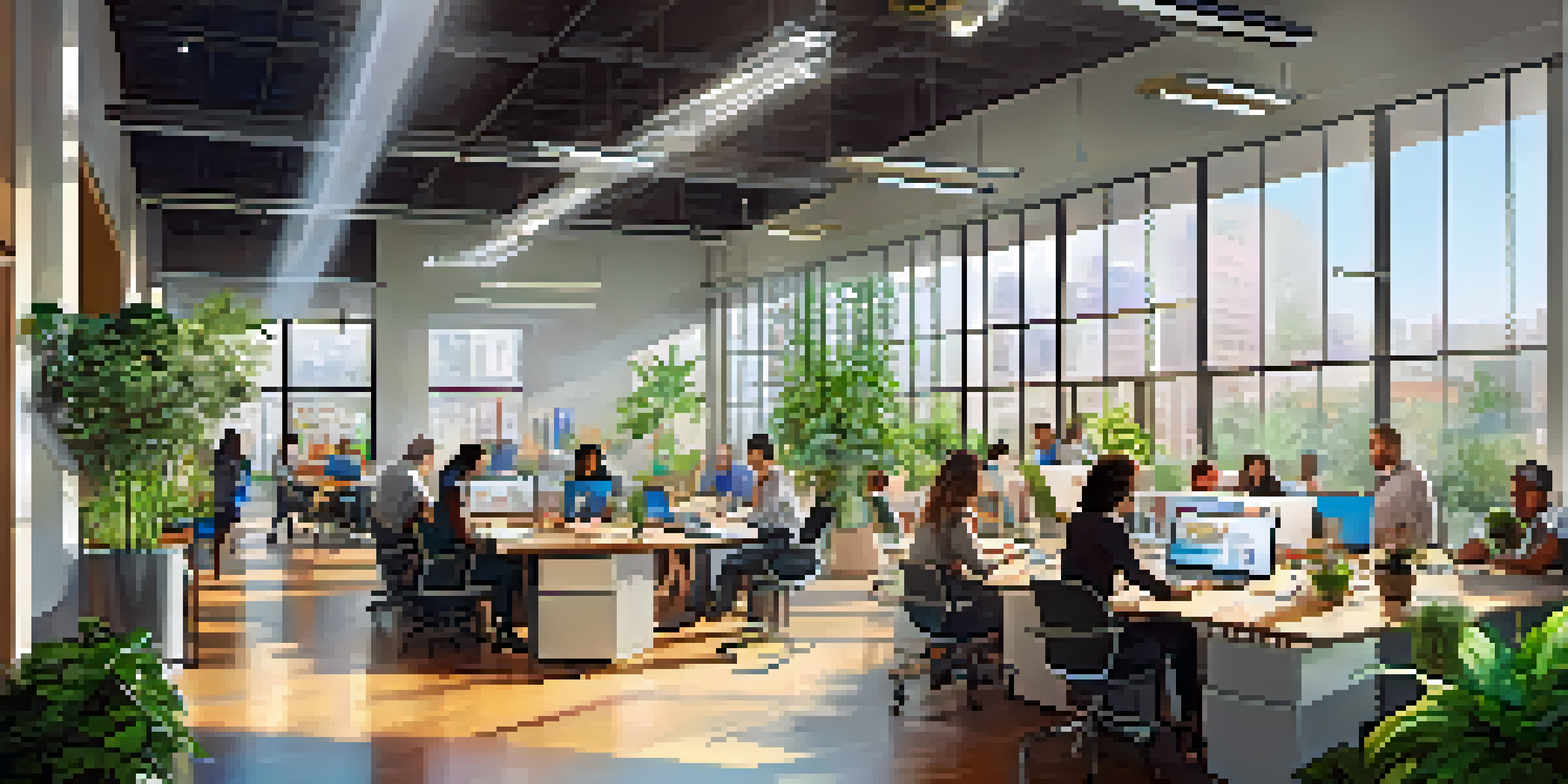 A bright and modern business incubator with diverse entrepreneurs collaborating in an open office space, surrounded by plants and artwork.
