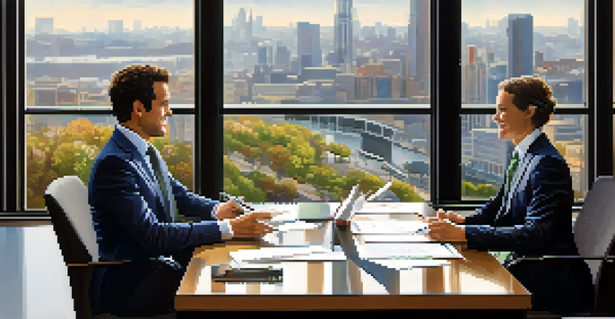 Two individuals engaged in a friendly negotiation at a modern conference table, with a cityscape in the background.