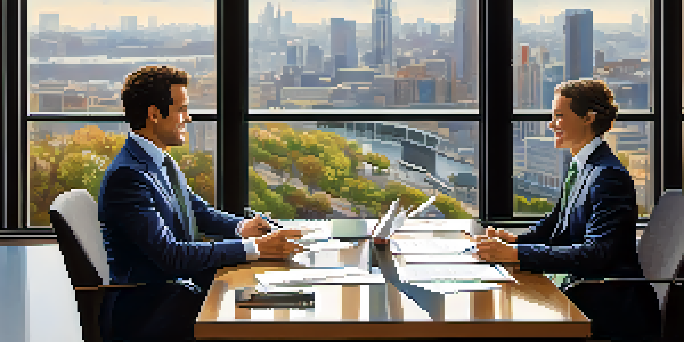 Two individuals engaged in a friendly negotiation at a modern conference table, with a cityscape in the background.