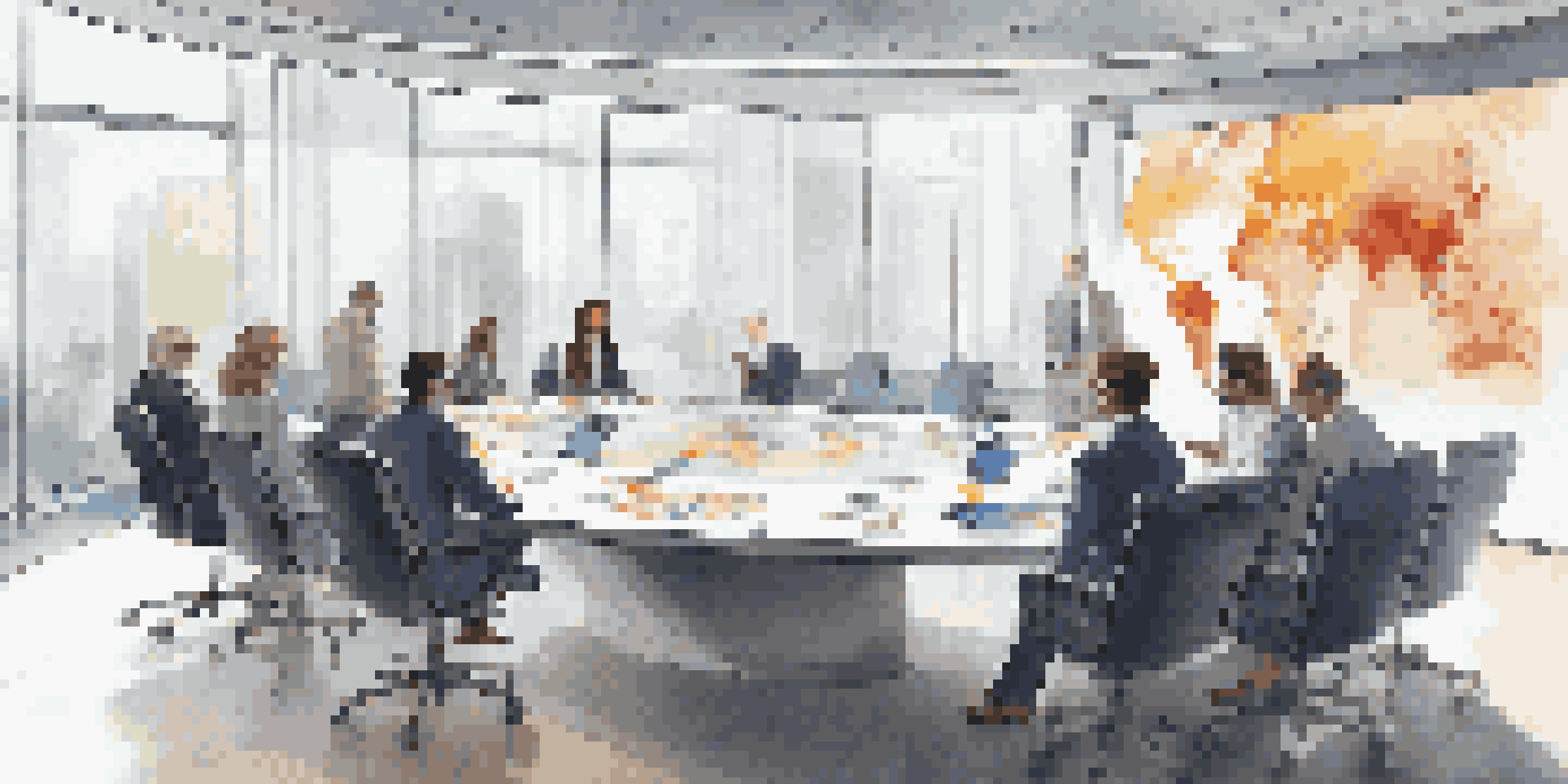 A corporate boardroom with diverse members in a virtual meeting, surrounded by digital screens and natural light.