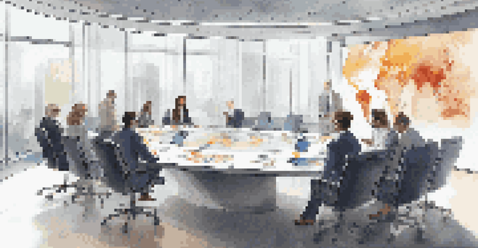 A corporate boardroom with diverse members in a virtual meeting, surrounded by digital screens and natural light.