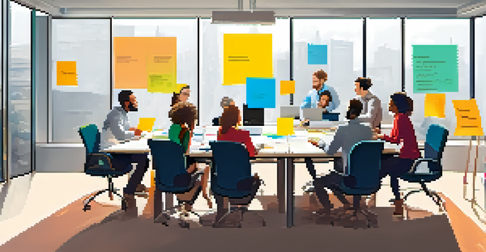 A diverse group of professionals gathered around a table, discussing project plans with sticky notes and laptops, in a bright modern office.