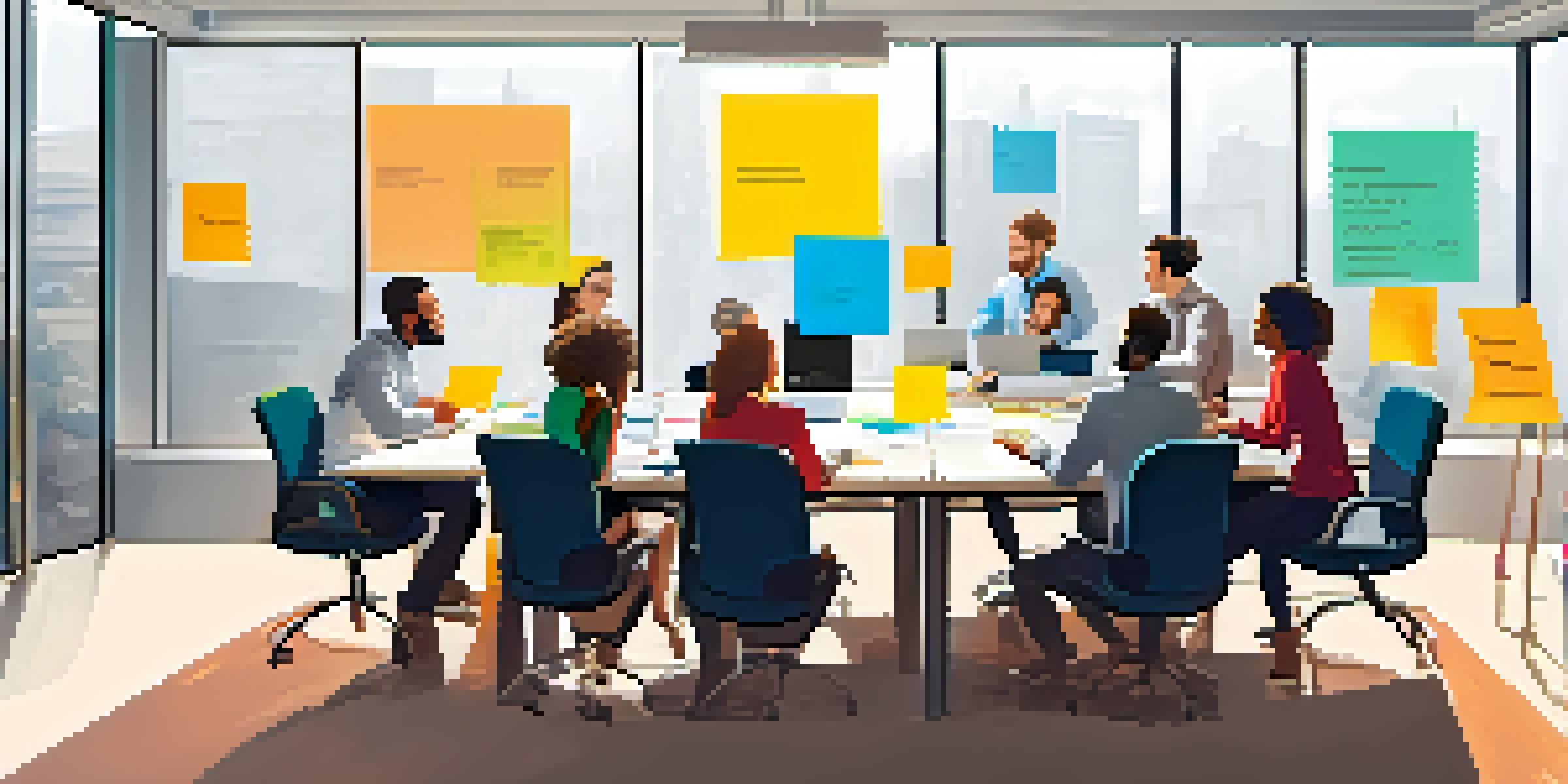 A diverse group of professionals gathered around a table, discussing project plans with sticky notes and laptops, in a bright modern office.