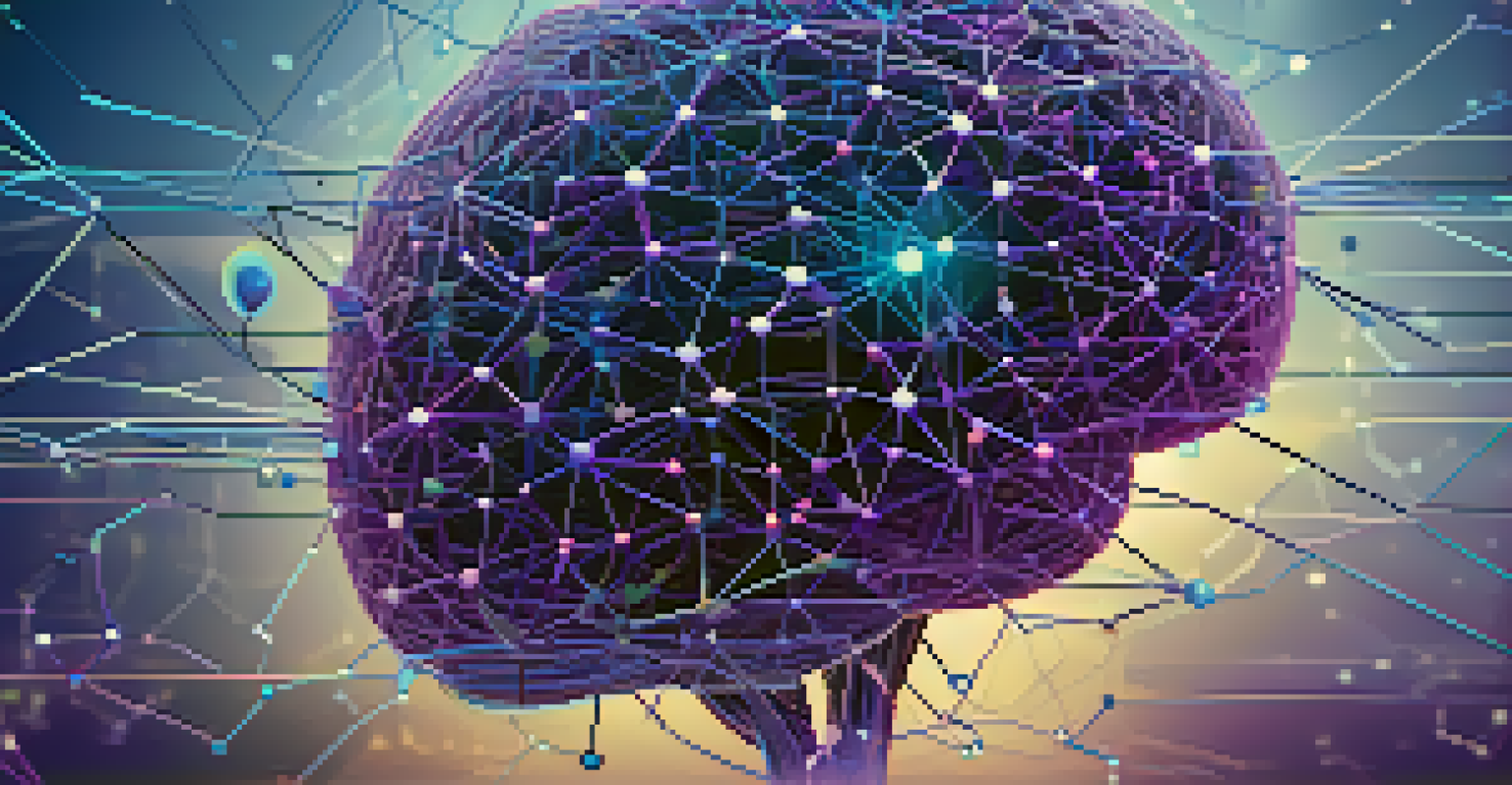 An abstract digital network representing machine learning with glowing nodes and a brain-like circuitry structure on a blue and purple background.