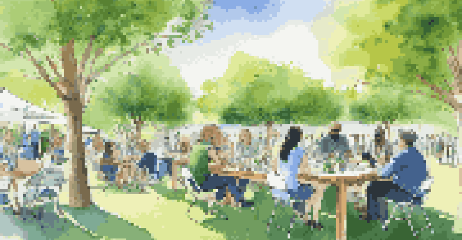 An outdoor meeting in a park with various industry representatives discussing sustainability and innovation, surrounded by nature and eco-friendly products.