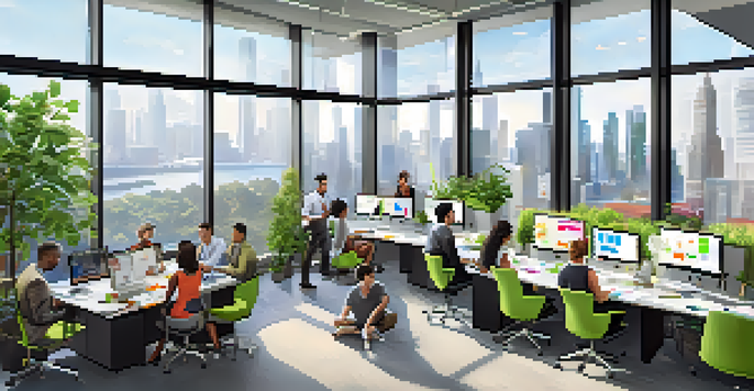 A bright, modern office with diverse employees collaborating around a whiteboard filled with notes, with a city skyline visible through large windows.