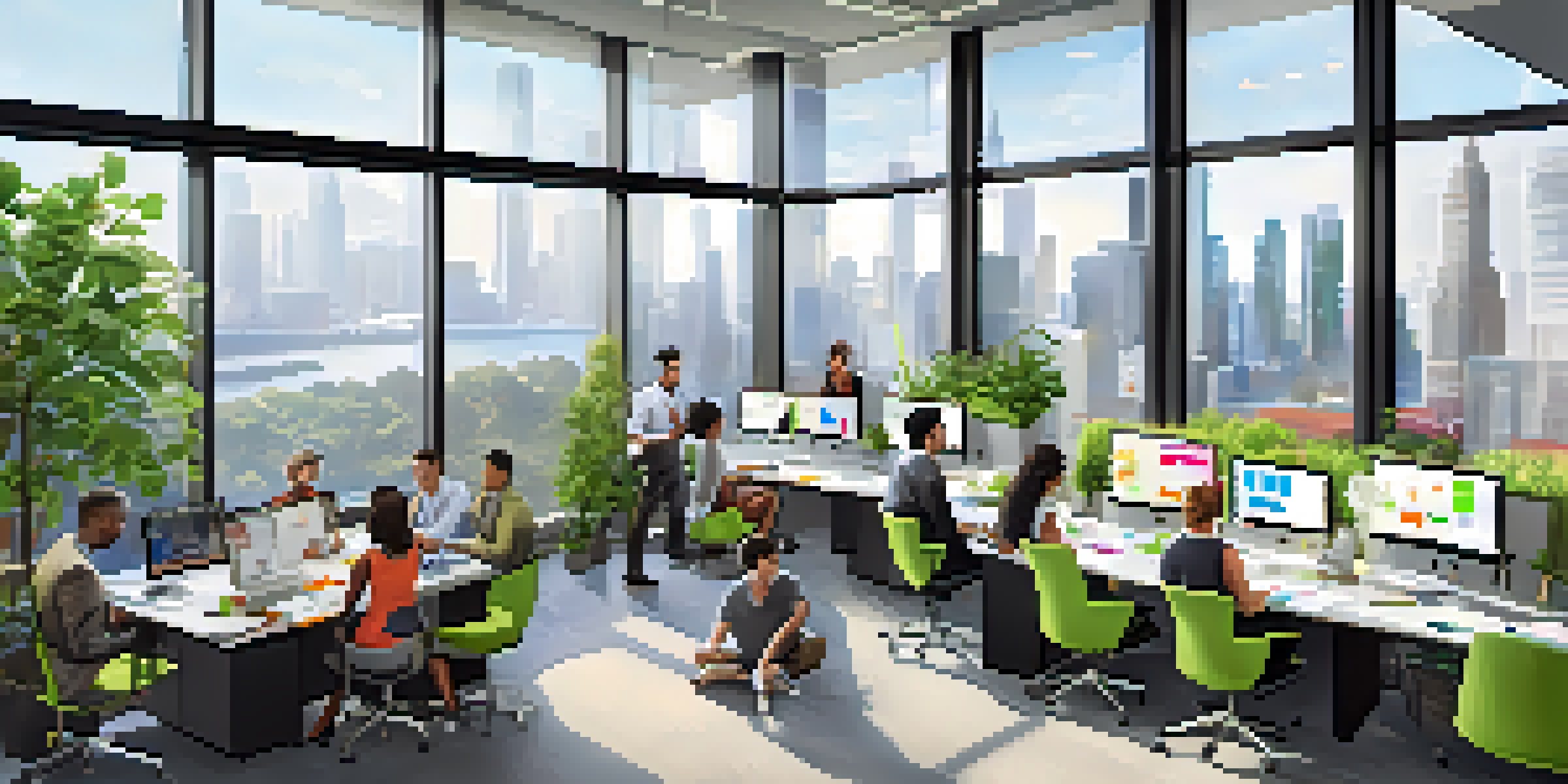 A bright, modern office with diverse employees collaborating around a whiteboard filled with notes, with a city skyline visible through large windows.
