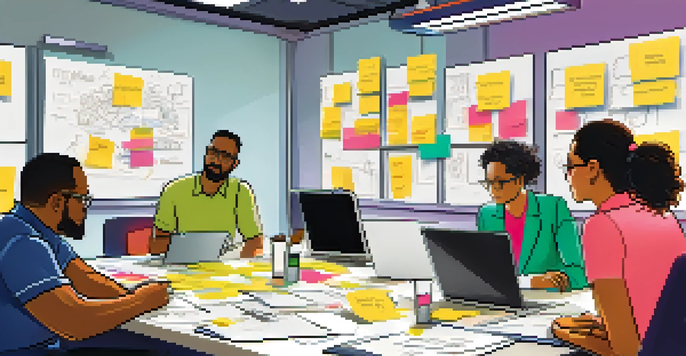 A diverse group of professionals collaborating at a conference table with laptops and colorful post-it notes.