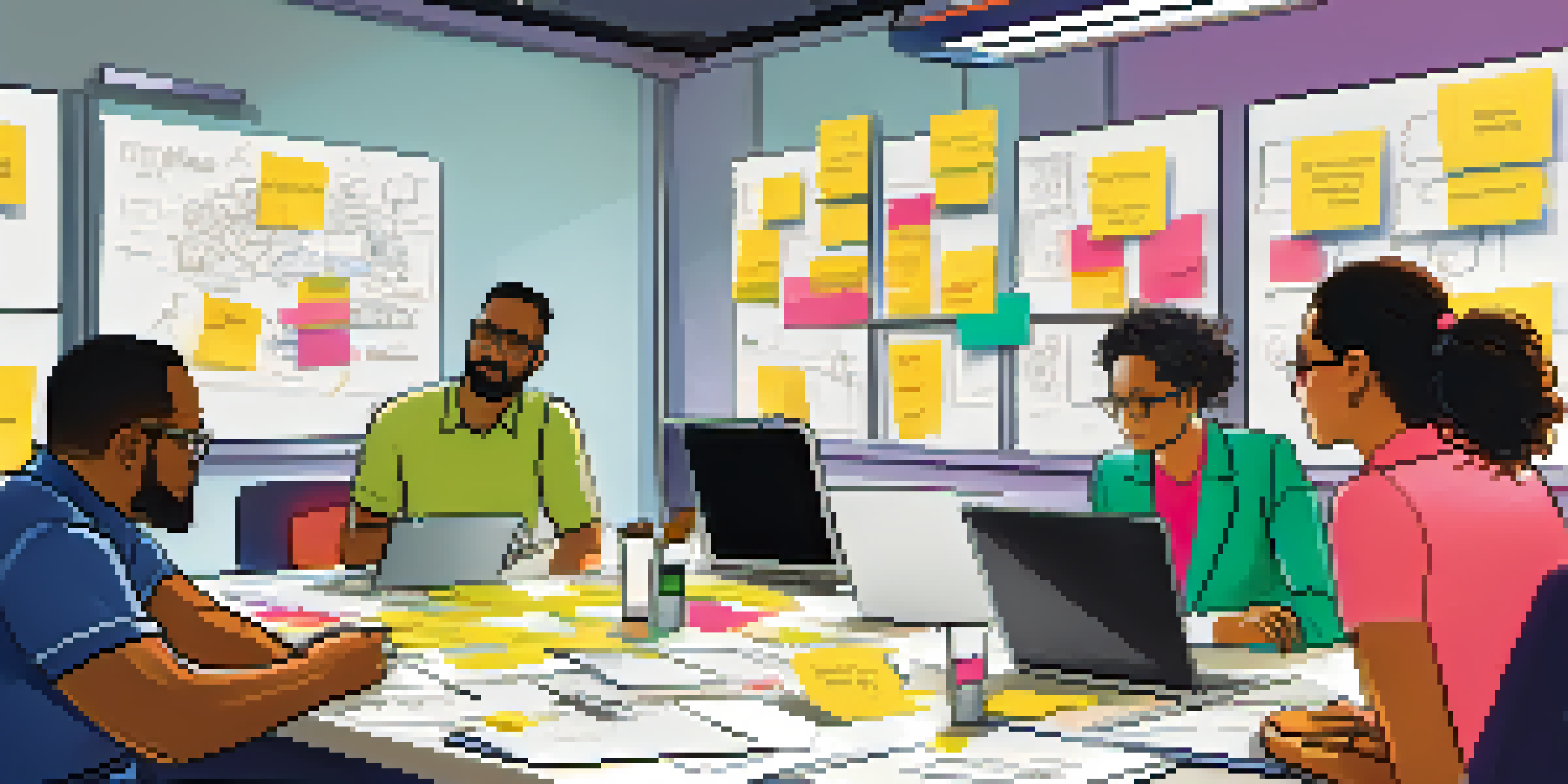 A diverse group of professionals collaborating at a conference table with laptops and colorful post-it notes.
