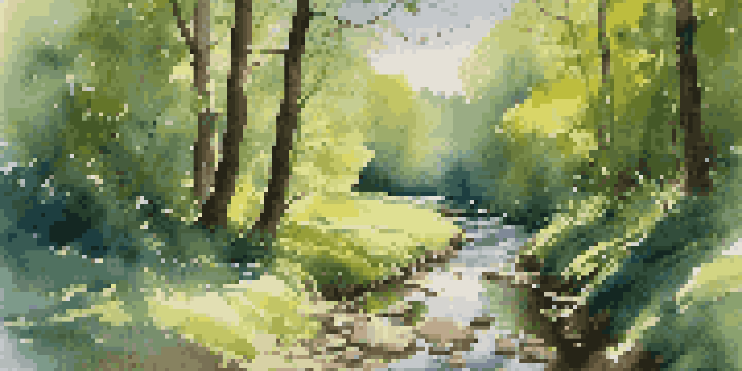A peaceful forest scene with sunlight filtering through trees, a winding path, and a gentle stream.
