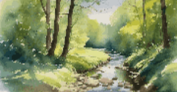 A peaceful forest scene with sunlight filtering through trees, a winding path, and a gentle stream.