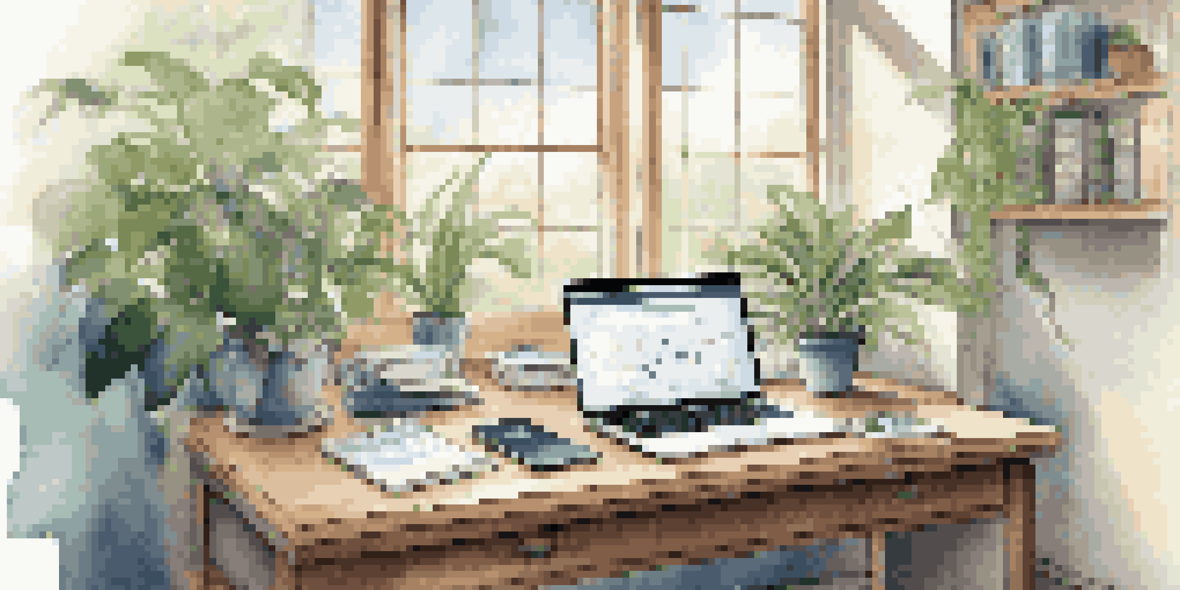 A modern business workspace with a desk, laptop, and a green plant, illuminated by natural light from a window.