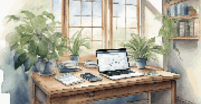 A modern business workspace with a desk, laptop, and a green plant, illuminated by natural light from a window.