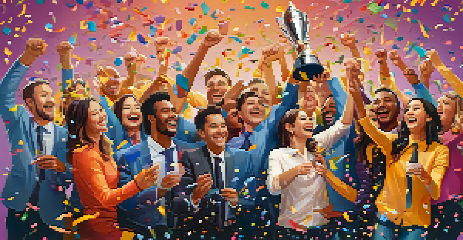Employees celebrating with a trophy and confetti, showcasing a joyful and positive workplace culture.