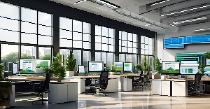 A bright and modern office space with advanced technology, showcasing computer screens filled with financial data and analytics, surrounded by plants and motivational quotes.