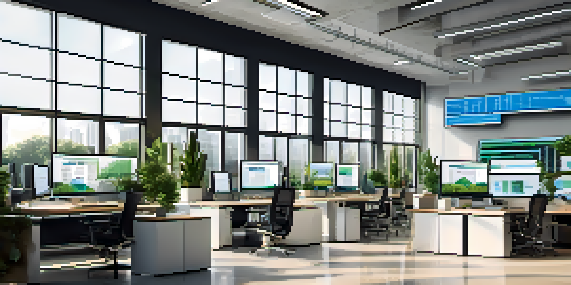 A bright and modern office space with advanced technology, showcasing computer screens filled with financial data and analytics, surrounded by plants and motivational quotes.