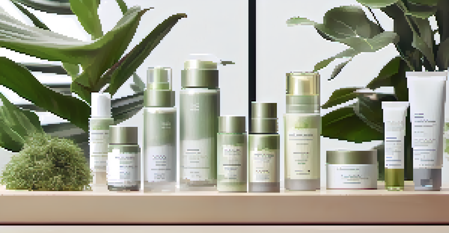 An elegant display of eco-friendly skincare products with natural ingredients and bright lighting.
