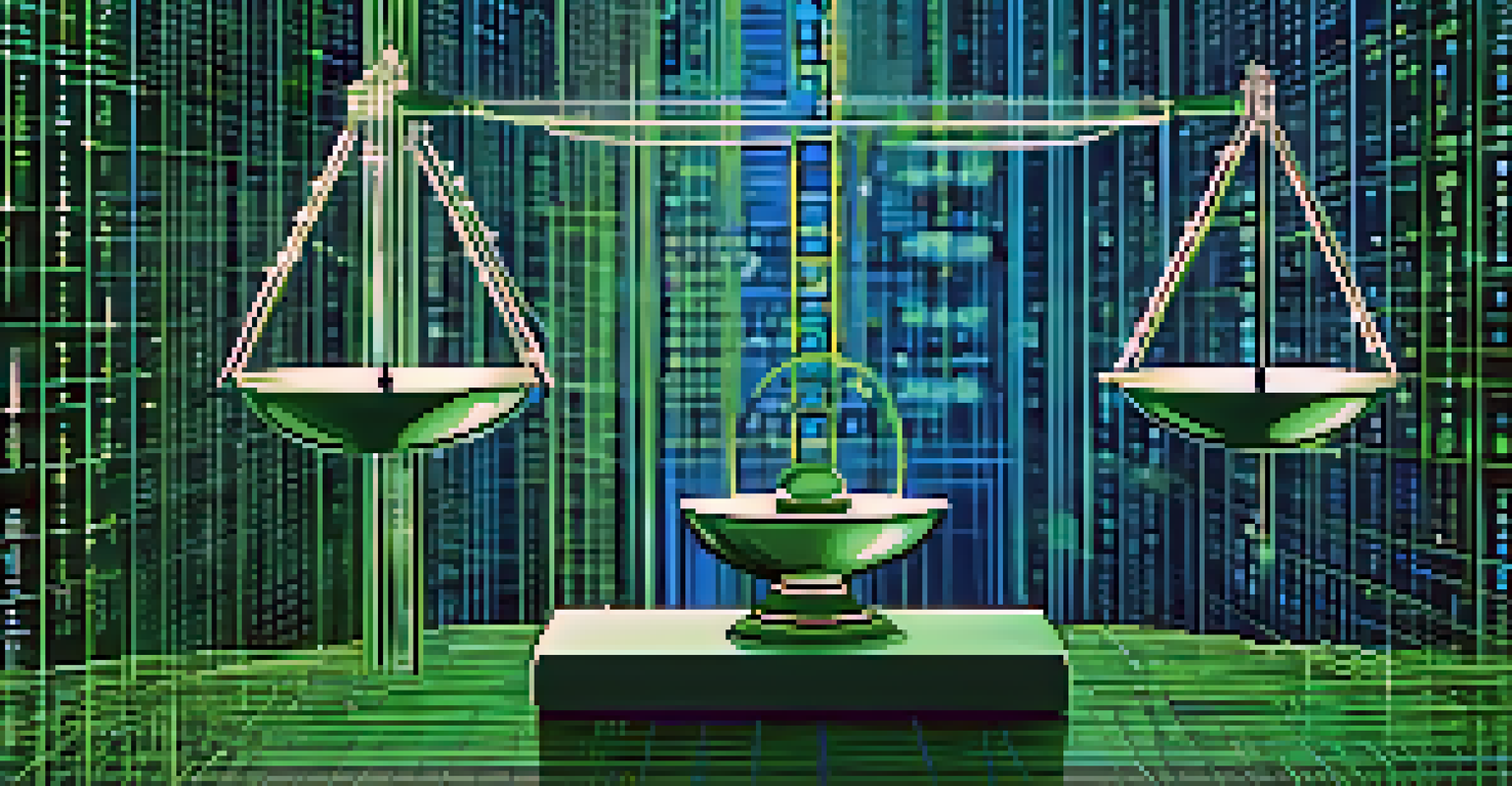 An abstract digital scale symbolizing the balance of data privacy and accountability in digital ethics.