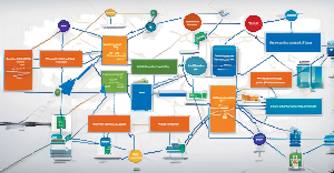 A close-up of a colorful supply chain network diagram showing interconnected businesses and flow of materials.